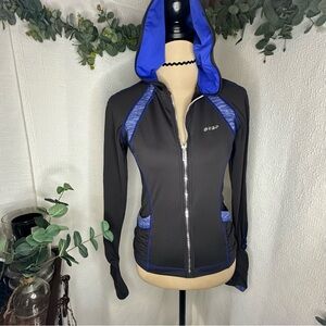 Bebe Sport Gray & Blue Zip-Up Athletic Jacket w/ Hoodie & Thumb Holes /Medium